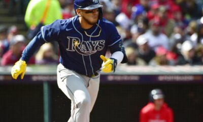 Isaac Paredes runs the bases for the Tampa Bay Rays on the road against the Cleveland Guardians.