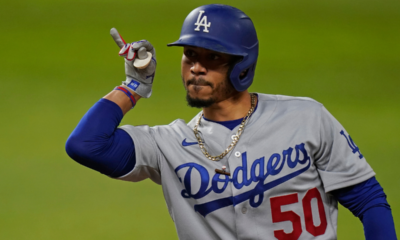 Mookie Betts celebrates a hit during a road game for the Los Angeles Dodgers.