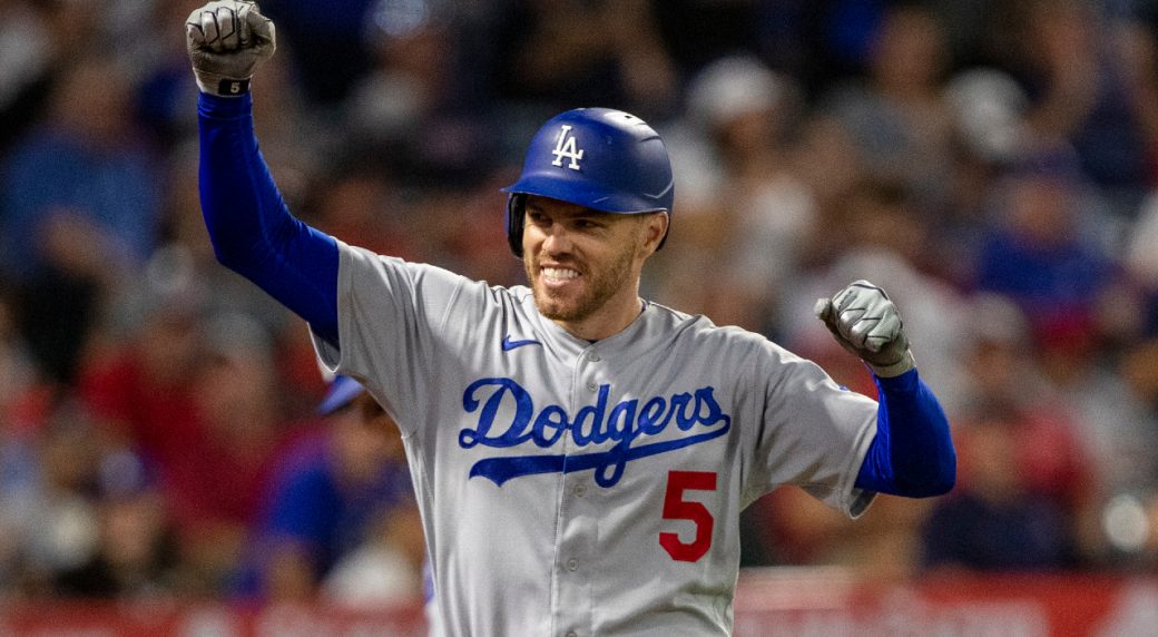 Freddie Freeman celebrates hitting a home run during a road game for the LA Dodgers.