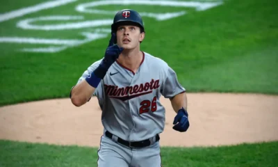 Max Kepler celebrates hitting a home run on the road for the Minnesota Twins.