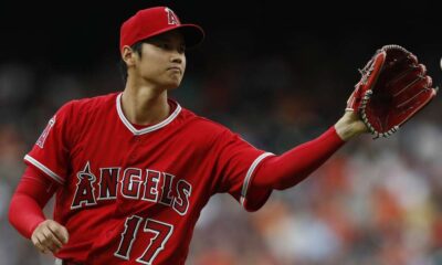 Shohei Ohtani gets the ball back while pitching for the Los Angeles Angels