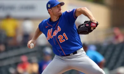 Max Scherzer pitches for the New York Mets during a Spring Training game.