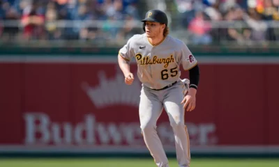 Jack Suwinski takes his secondary lead during a road game for the Pittsburgh Pirates.
