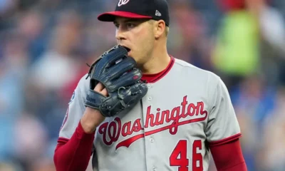 Patrick Corbin watches his defense with worry during a road game for the Washington Nationals.