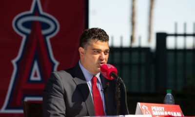 Perry Minasian speaks at his introductory press conference as the general manager of the Los Angeles Angels.