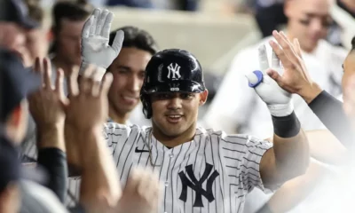 New York Yankees outfielder Jasson Dominguez high-fives his teammates in the dugout after hitting a home run.