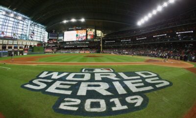 The 2019 World Series logo is boldly displayed along the third base line in Houston.
