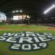 The 2019 World Series logo is boldly displayed along the third base line in Houston.