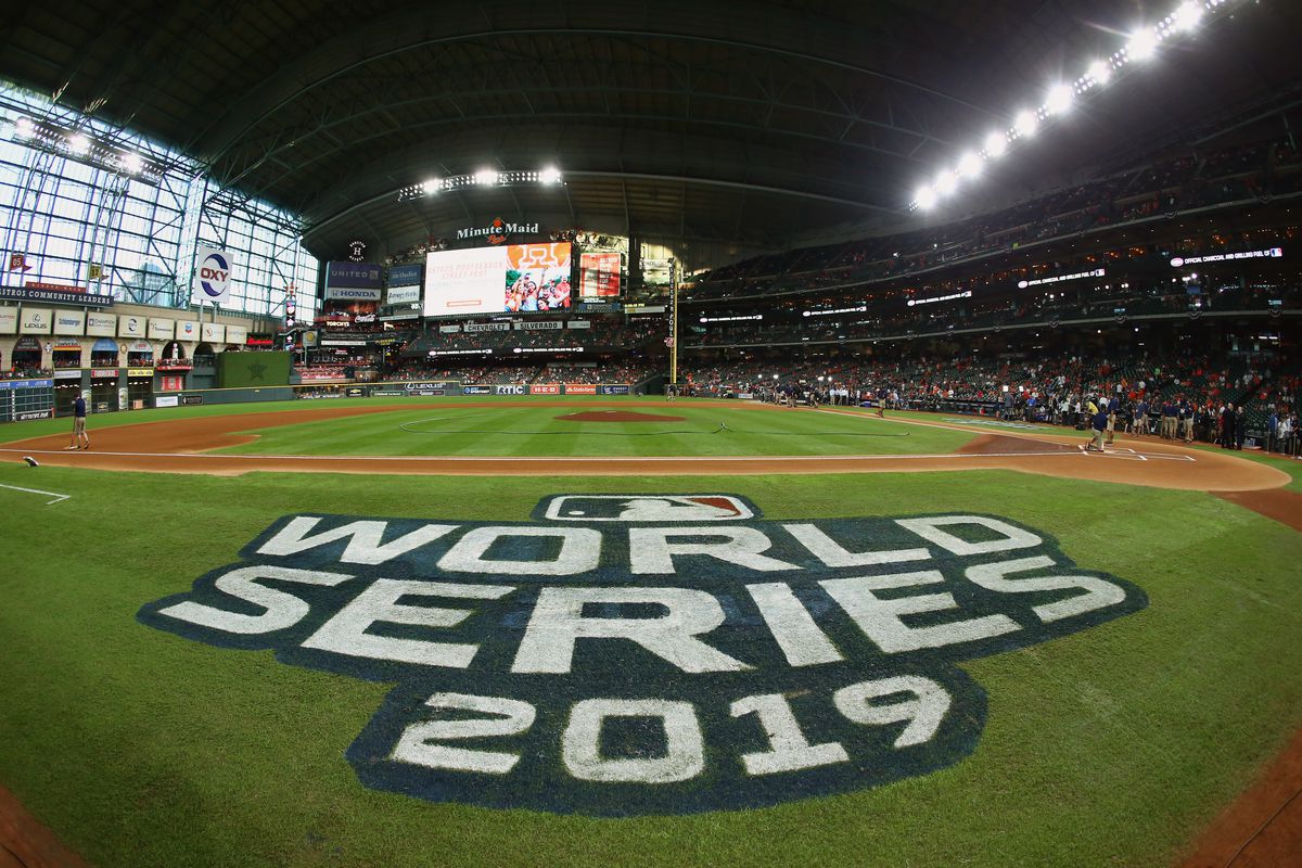 The 2019 World Series logo is boldly displayed along the third base line in Houston.