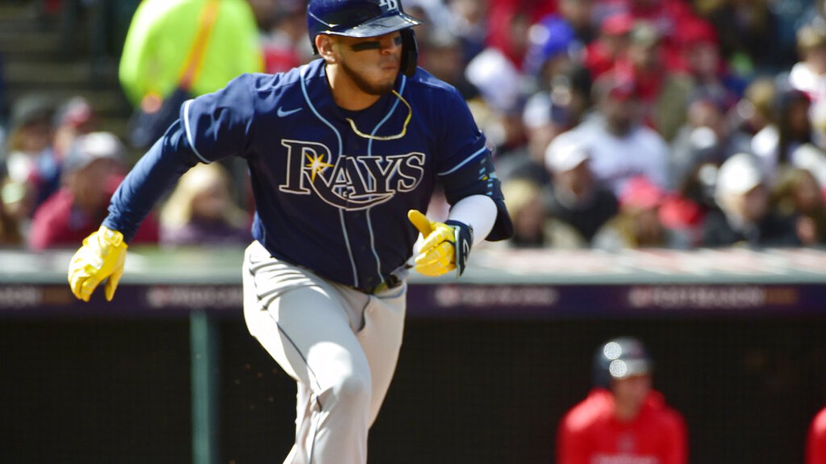 Isaac Paredes runs the bases for the Tampa Bay Rays on the road against the Cleveland Guardians.
