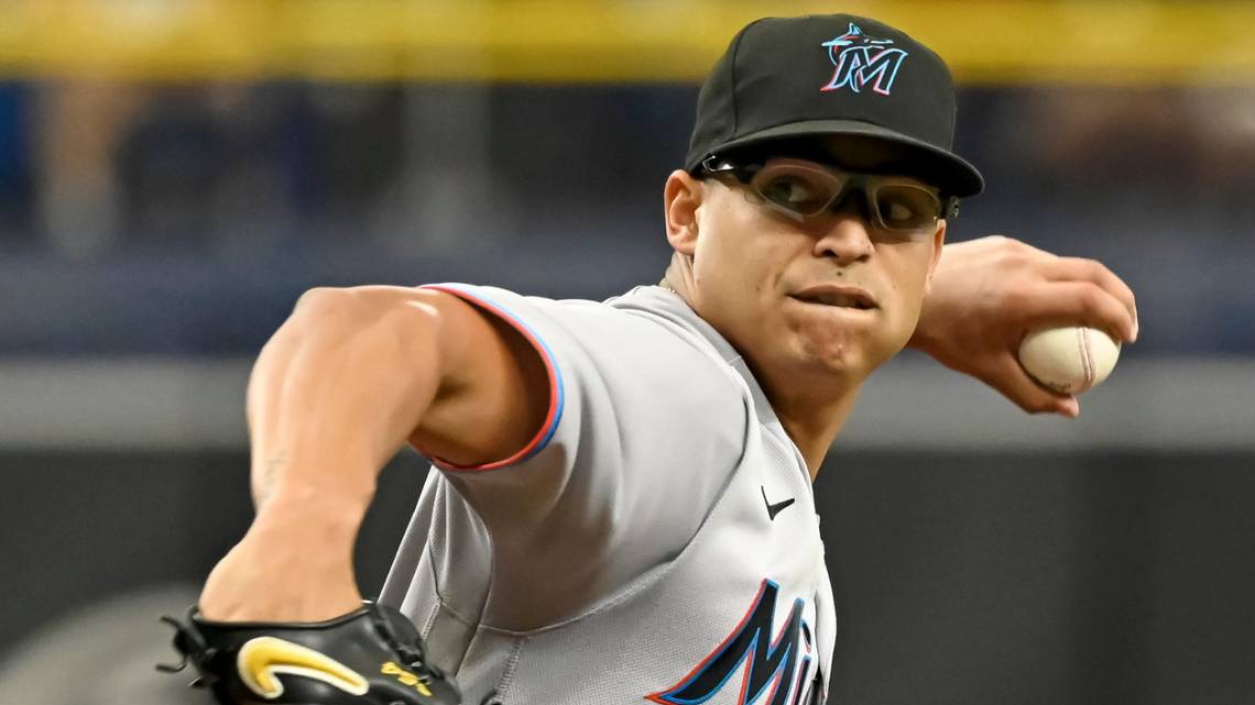 Jesus Luzardo pitches on the road for the Miami Marlins.