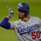 Mookie Betts celebrates a hit during a road game for the Los Angeles Dodgers.