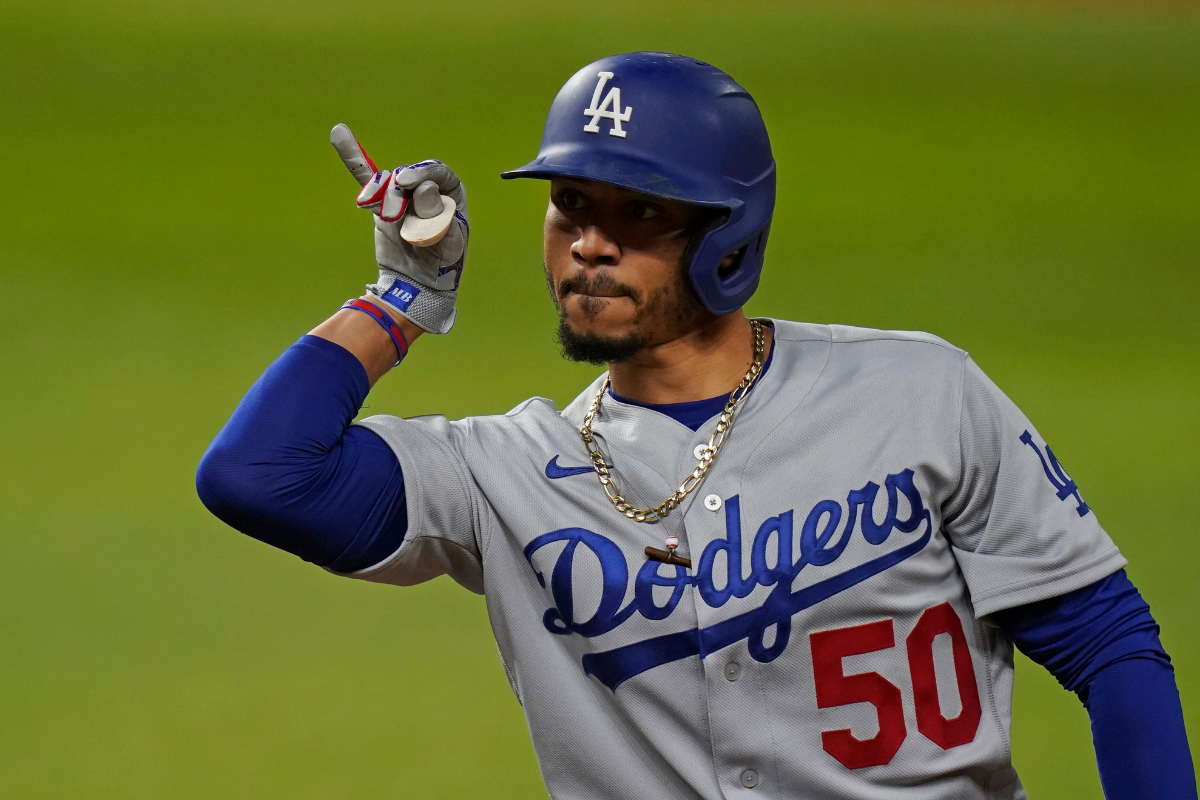 Mookie Betts celebrates a hit during a road game for the Los Angeles Dodgers.