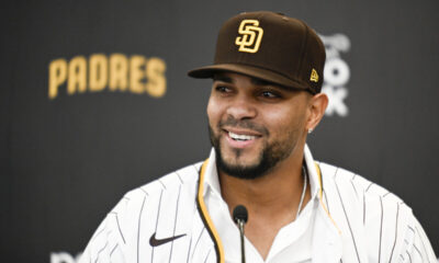 Xander Bogaerts smiles during his introductory press conference with the San Diego Padres.
