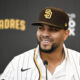 Xander Bogaerts smiles during his introductory press conference with the San Diego Padres.