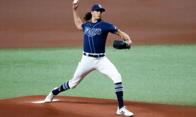 Tyler Glasnow pitches at home for the Tampa Bay Rays.