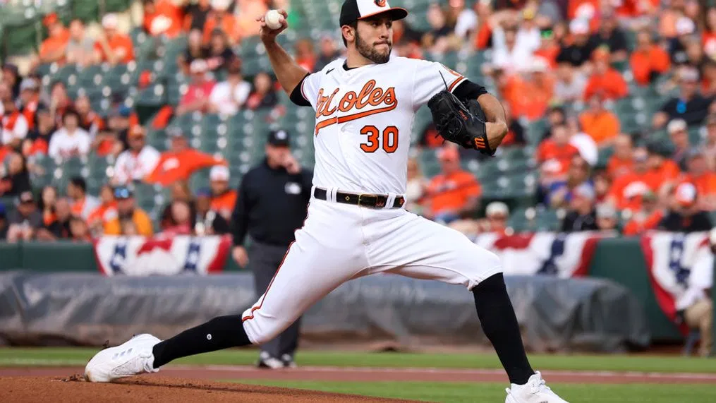 Grayson Rodriguez pitches at home for the Baltimore Orioles.