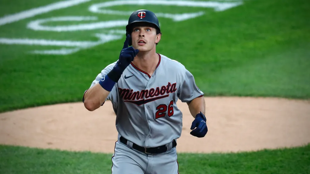 Max Kepler celebrates hitting a home run on the road for the Minnesota Twins.