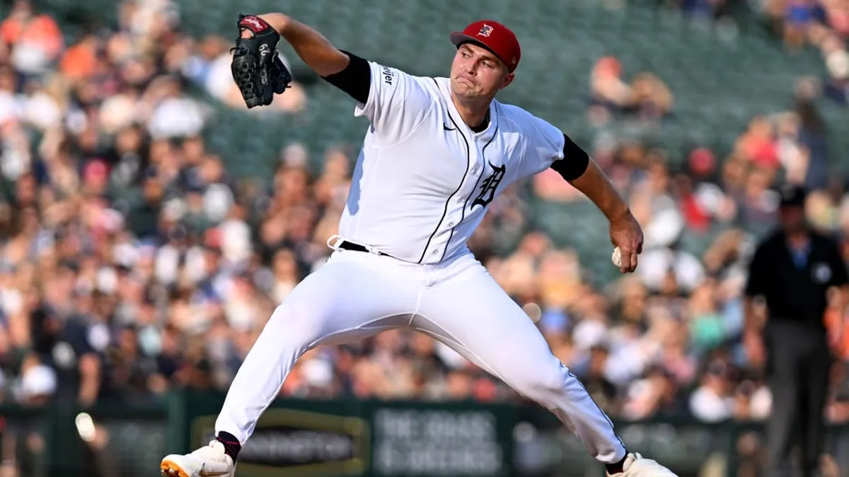 Tarik Skubal pitches at home for the Detroit Tigers on the Fourth of July.