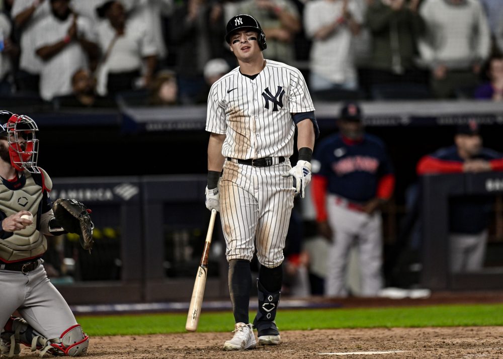 New York Yankees shortstop Anthony Volpe is upset after a call at home plate.