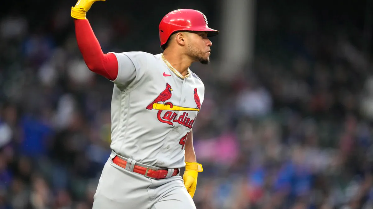 Willson Contreras celebrates getting a hit for the St. Louis Cardinals against the Chicago Cubs.