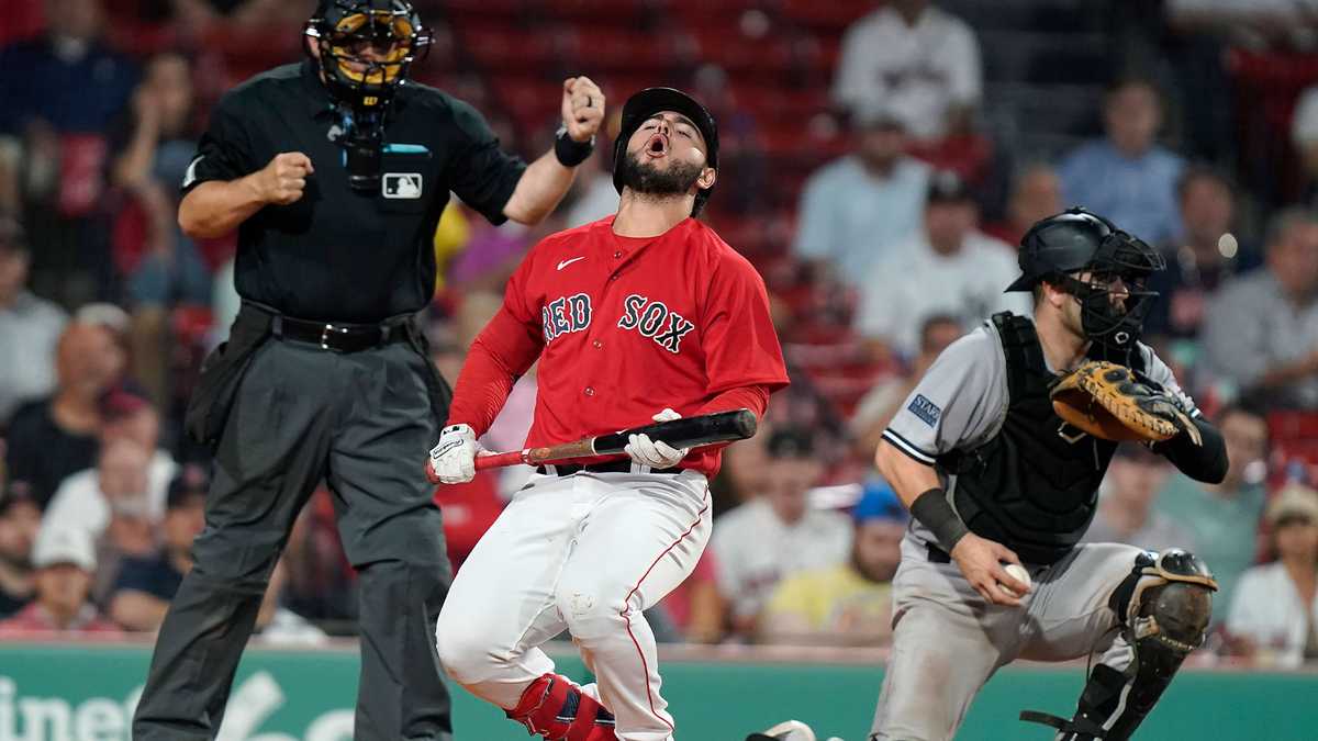 Wilyer Abreu reacts after striking out against the New York Yankees.