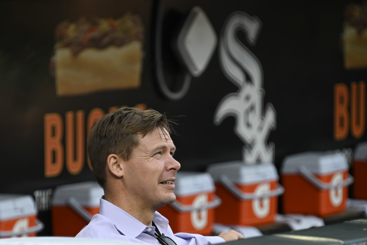 New General Manager Chris Getz stands in the Chicago White Sox dugout.