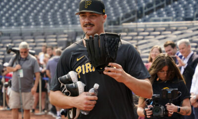 Paul Skenes walks to the bullpen with his gear soon after being drafted by the Pittsburgh Pirates.