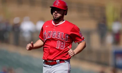 Nolan Schanuel runs the bases during a Spring Training game for the Los Angeles Angels.
