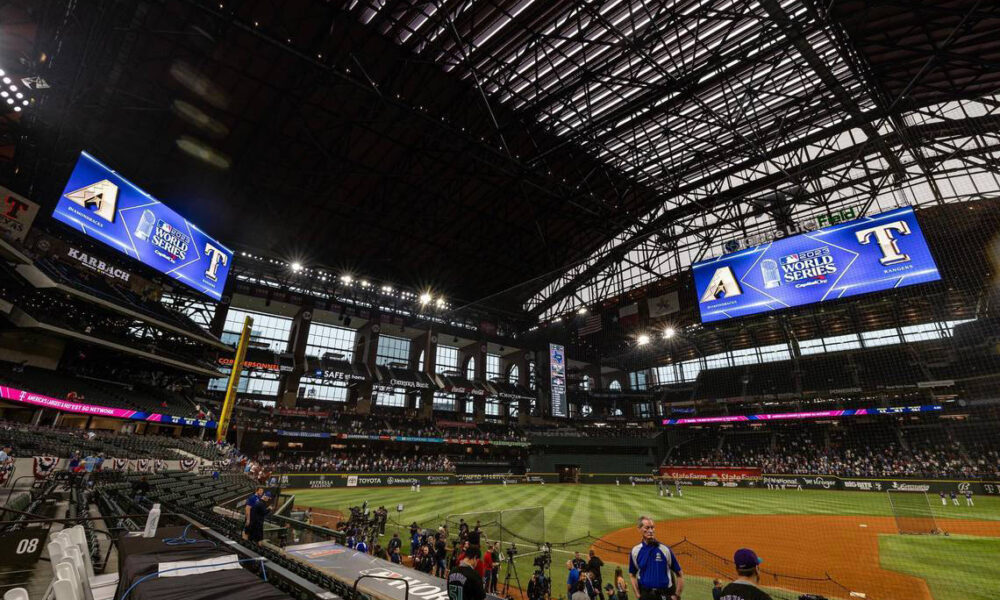 The video board at Globe Life Field is on before a 2023 World Series game.
