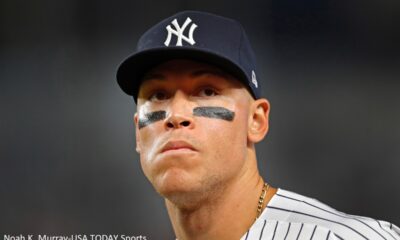 Aaron Judge looks on during a home game for the New York Yankees.