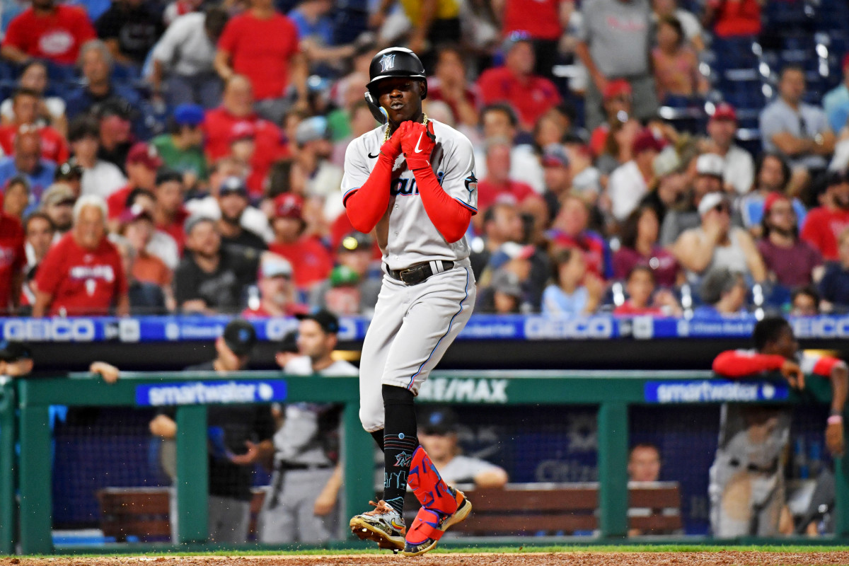 Jazz Chisholm celebrates hitting a home run for the Miami Marlins on the road.