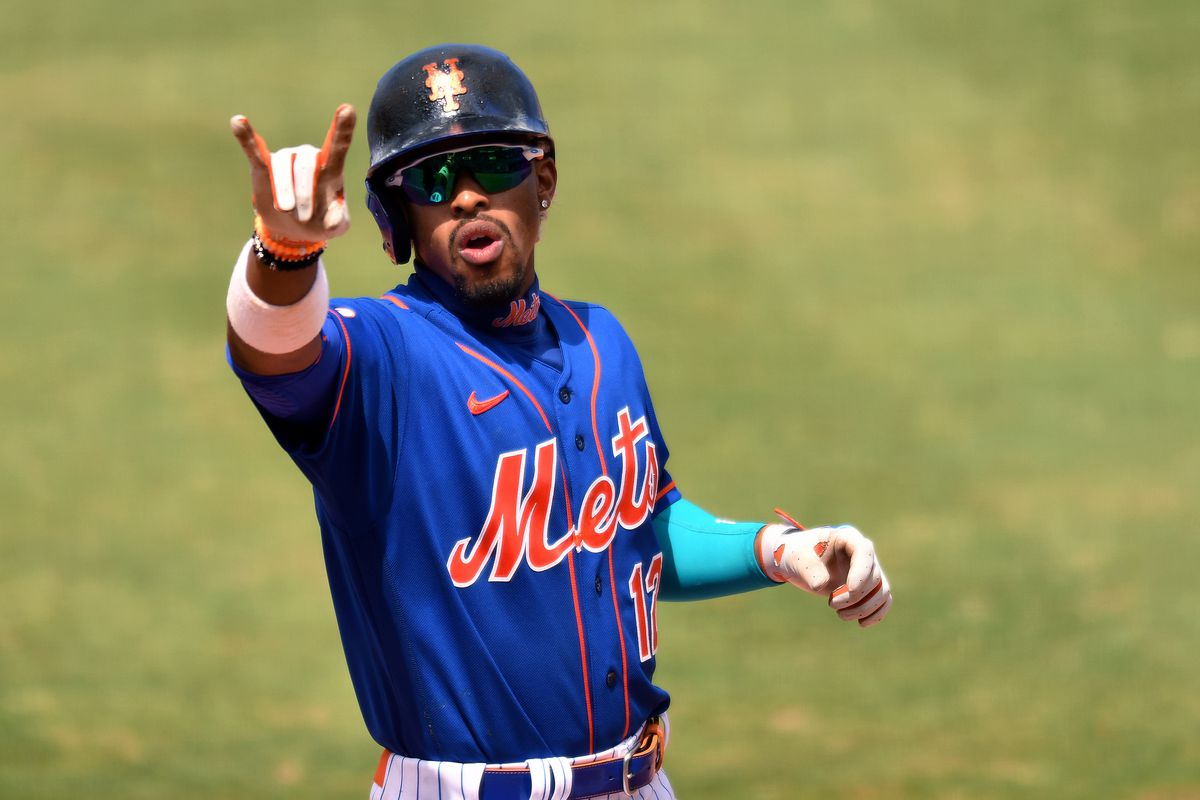 Francisco Lindor celebrates hitting a double for the New York Mets.