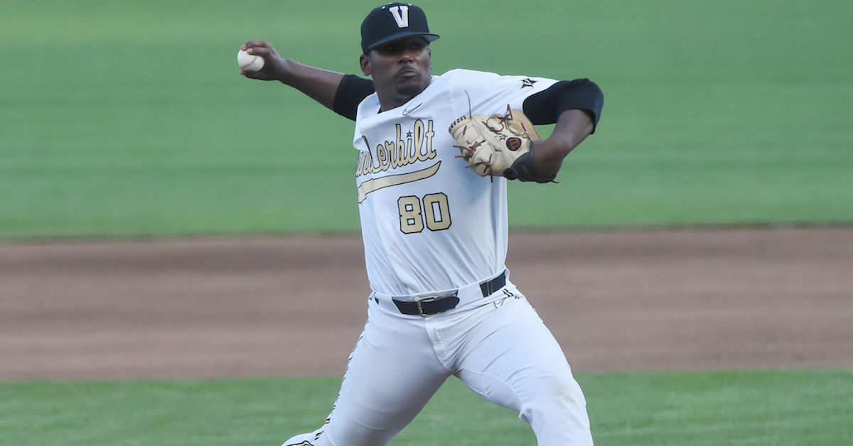 Kumar Rocker pitches for Vanderbilt during the 2021 College World Series.