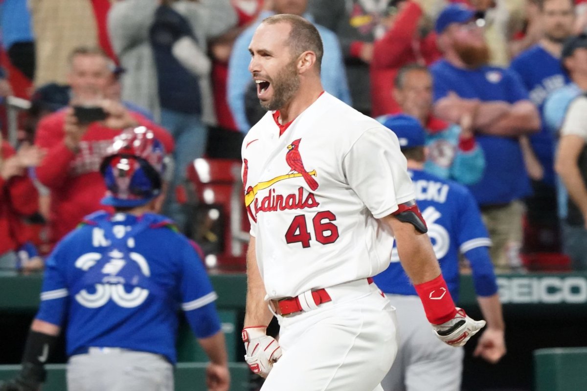 Paul Goldschmidt celebrates hitting a walk-off home run for the St. Louis Cardinals against the Toronto Blue Jays.
