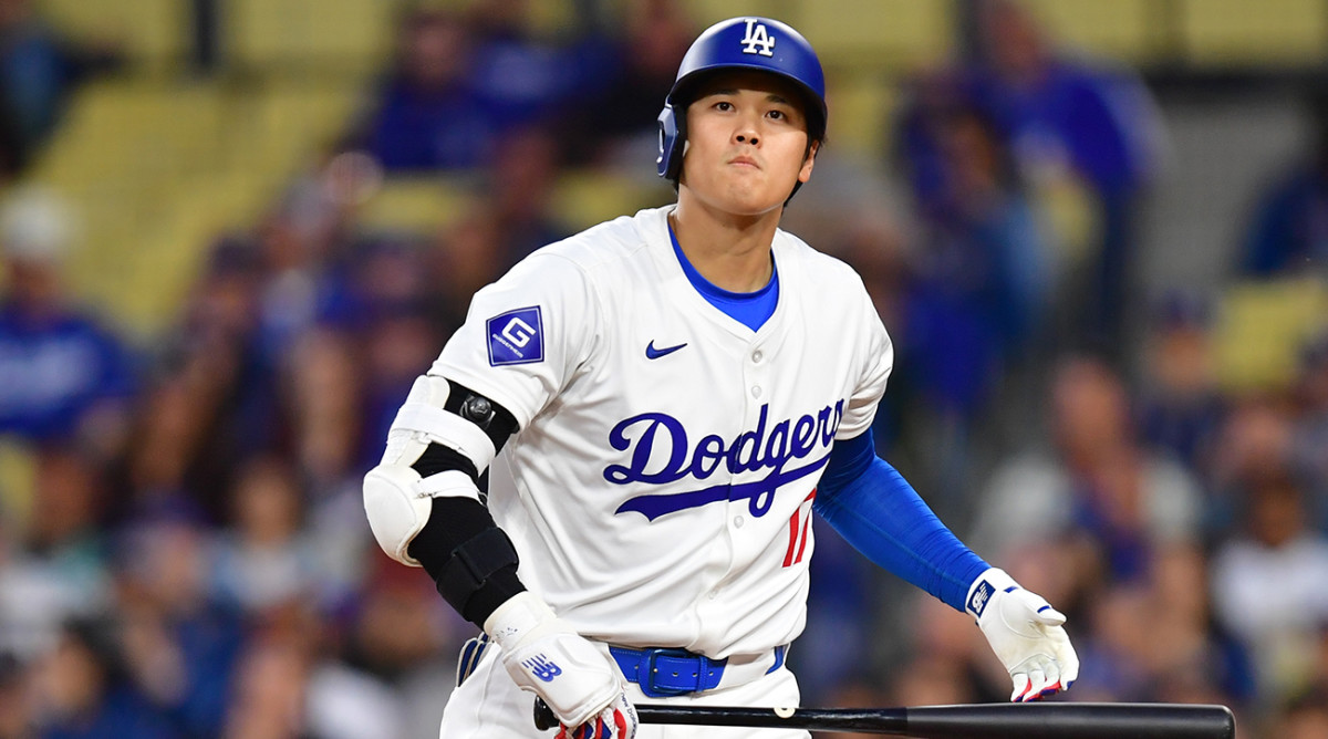 Shohei Ohtani reacts after striking out during a home game for the Los Angeles Dodgers.