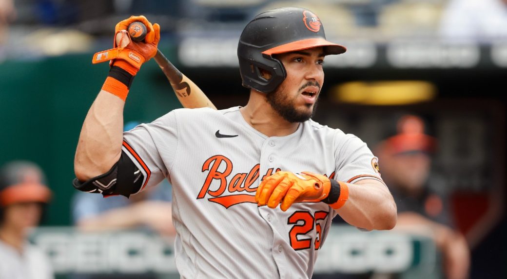 Anthony Santander swings during a road game for the Baltimore Orioles.