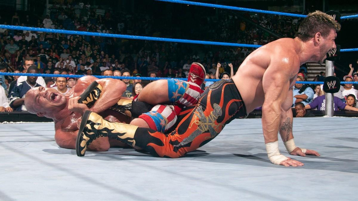 Kurt Angle and Eddie Guerrero square off for the WWE Championship at WrestleMania 20.