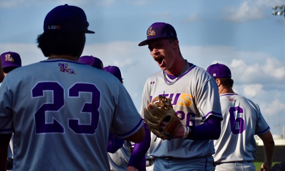 LSU-Shreveport celebrates winning a game at the 2024 RRAC conference tournament.