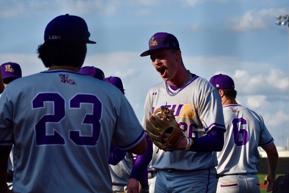 LSU-Shreveport celebrates winning a game at the 2024 RRAC conference tournament.
