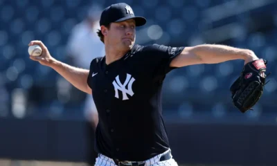 Gerrit Cole pitches during a Spring Training workout for the New York Yankees.