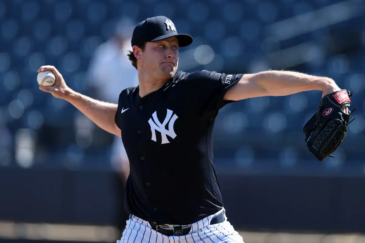 Gerrit Cole pitches during a Spring Training workout for the New York Yankees.
