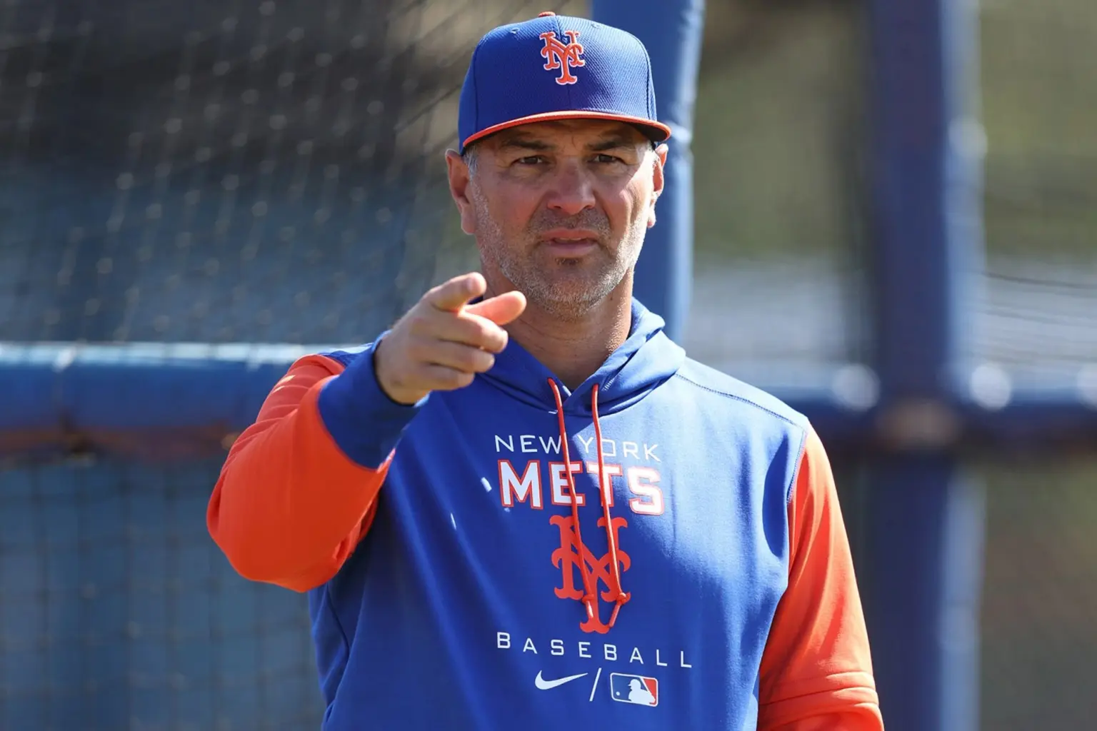 Eric Chavez points while leading a workout for the New York Mets.