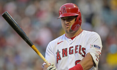 Mike Trout prepares to bat during a home game for the Los Angeles Angels.