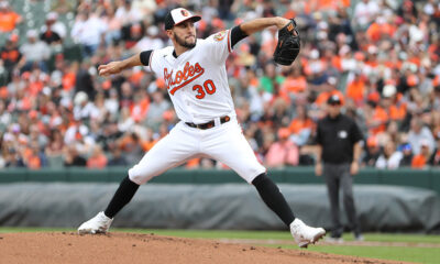 Grayson Rodriguez pitches at home for the Baltimore Orioles.