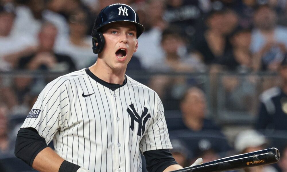Ben Rice reacts after striking out at Yankee Stadium.