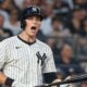 Ben Rice reacts after striking out at Yankee Stadium.