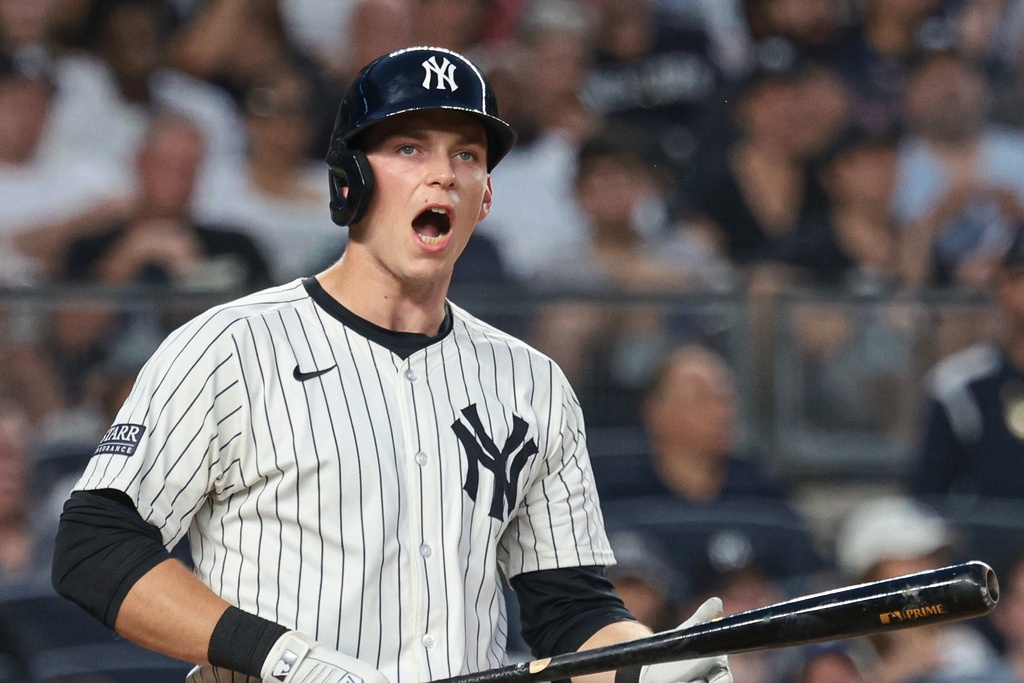 Ben Rice reacts after striking out at Yankee Stadium.